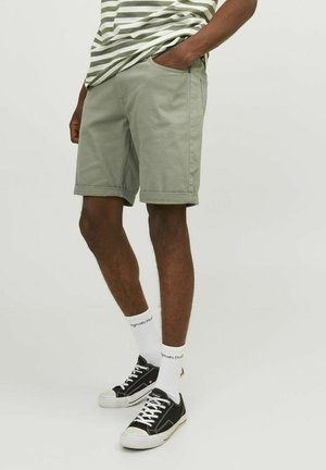 Mand iført lysegrønne opkørte shorts, stribet skjorte, hvide crew sokker og sorte sneakers mod en ensfarvet lys baggrund.