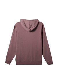 Sweat à capuche mauve uni à manches longues vu de dos avec une capuche et des poignets et un ourlet côtelés sur fond blanc.