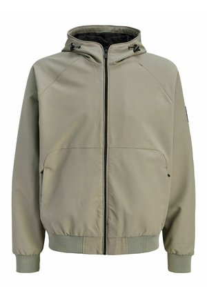 Svetlo olivno zelena vetrovka s kapuco, črnim zadrgo, nastavljivimi vrvicami za kapuco, dvema sprednjima žepoma ter rebrastimi manšetami in spodnjim robom.