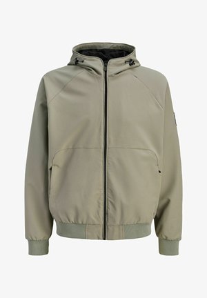 Giacca con cappuccio verde oliva chiaro con cerniera nera, cordini regolabili per il cappuccio, due tasche frontali e polsini e orlo a costine.