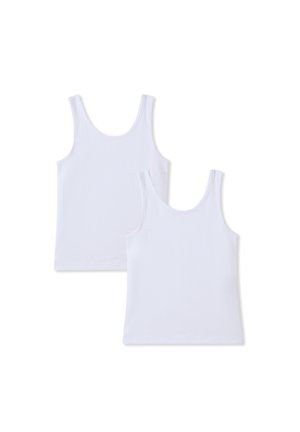 Due canotte in cotone bianche con scollo rotondo, spalline larghe e una texture liscia e uniforme. Nessun motivo o dettaglio visibile.
