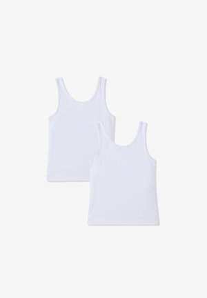 Due canotte in cotone bianche con scollo rotondo, spalline larghe e una texture liscia e uniforme. Nessun motivo o dettaglio visibile.