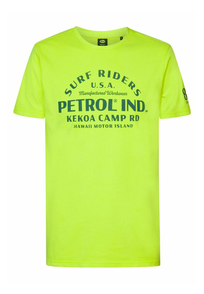 Limetkově zelené bavlněné tričko s krátkými rukávy a kulatým výstřihem, se námorně modrým textem, který obsahuje "SURF RIDERS" a "PETROL IND."