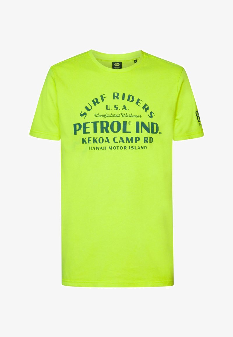 Limegrön bomullströja med korta ärmar och rund hals, med marinblå text som inkluderar "SURF RIDERS" och "PETROL IND."