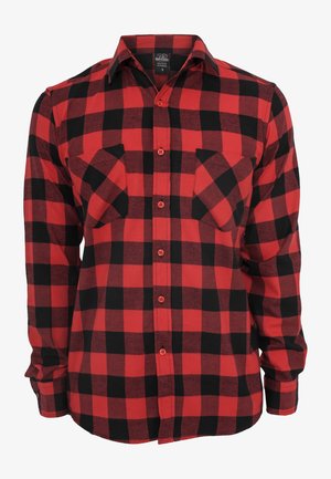 Camisa de manga larga con botones y estampado de cuadros rojos y negros, con dos bolsillos en el pecho y cuello doblado, talla mediana.