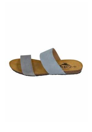 Gray and light blue two-strap sandal with a brown leather insole and textured black rubber sole. Features a minimalist design.