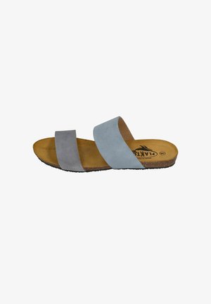 Gray and light blue two-strap sandal with a brown leather insole and textured black rubber sole. Features a minimalist design.