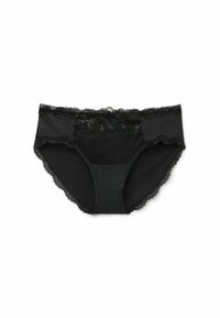 Black panties made of soft fabric with lace trim. Features a floral pattern on the front and a mid-rise design. No visible hardware.
