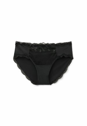 Black panties made of soft fabric with lace trim. Features a floral pattern on the front and a mid-rise design. No visible hardware.