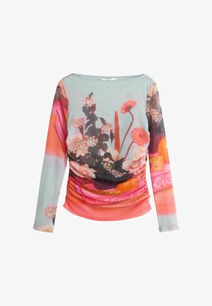 Eng anliegendes Langarmshirt mit mehrfarbigen Blumen- und abstrakten Mustern in Pink, Orange und Schwarz auf einem hellblauen Hintergrund.