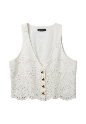 Top court blanc sans manches avec col en V, boutons dorés, ourlet festonné et motifs complexes de broderie florale.