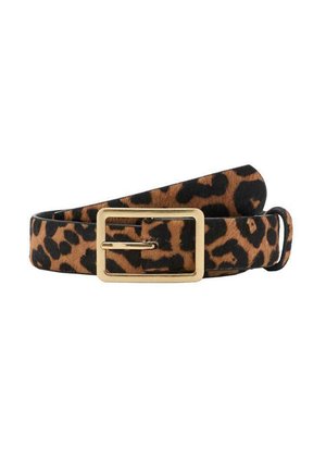 Cintura con stampa leopardata realizzata in materiale texturizzato, dotata di una fibbia rettangolare dorata e di un interno liscio nero.