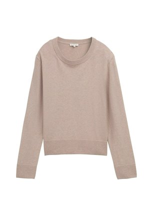 lichtroze cropped sweater met lange mouwen, een klassieke ronde halslijn en geribde uiteinden en manchetten. Gemaakt van een zachte, gebreide stof.
