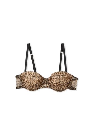 Soutien-gorge rembourré à imprimé léopard avec bretelles noires ajustables, bon soutien par armatures, et dos en mesh. Présente une dentelle sur les bords.