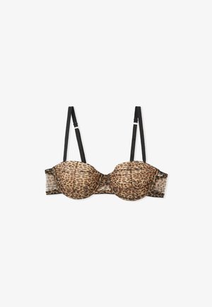 Leopard print padded bra with black adjustable straps, underwire support, and mesh back. Features lace trim along the edges.