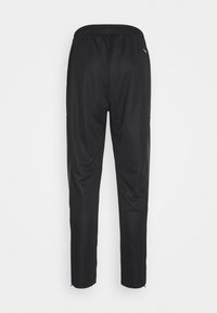 Svarta träningsbyxor med elastisk midja, raka ben, sidofickor och diskret logotypdetalj. Slät textur som passar för aktiv klädsel.