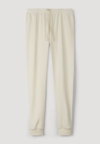 Valkoiset-nahkahousut, joissa on elastinen vyötärö ja säädettävä naru. Käänteiset lahkeet ja pehmeä kangas tarjoavat rentoa istuvuutta.