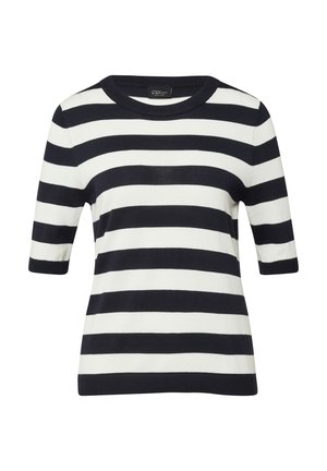 Zwart-witte trui met horizontale strepen, korte mouwen, ronde hals en geribbelde boorden en zoom.