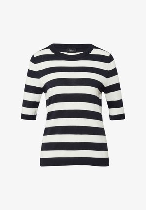 Kurzärmeliger schwarz-weiß gestreifter Pullover mit Rundhalsausschnitt und gerippten Bündchen an Ärmeln und Saum.