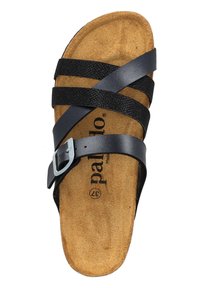 Black faux leather sandal with cork footbed, featuring three textured straps and a silver buckle for adjustable fit.