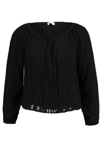 Mustapaita pitkillä hihoilla, pyöreällä kaula-aukolla, tekstuurikankaasta ja yksityiskohtaisilla pitsikoristeilla edessä ja helman reunassa. Normaali istuvuus.