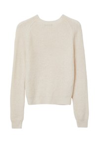 Cremfarbener Strickpullover mit einem strukturierten Muster, gerippten Abschlüssen und rundem Ausschnitt. Verfügt über einen lässigen Schnitt und eine leicht verkürzte Länge.