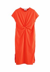 Knie-langes oranges Kleid aus Baumwolle. Verfügt über kurze Ärmel, ein Twist-Detail an der Vorderseite und seitliche Schlitze. Glatte Textur.