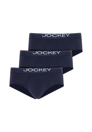 Drei marineblaue Jockey-Slips mit elastischen Bundsäumen, die den Markennamen in Weiß und einen roten Streifen entlang der oberen Kante zeigen.