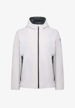 Giacca leggera bianca con interno nero e cerniere. Presenta un cappuccio, due tasche laterali e un design elegante. Finitura opaca con hardware minimale.