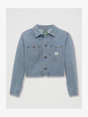 Cropped denim jacket featuring blue and white vertical stripes, two chest pockets, green accents, and button front closure.