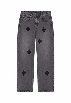 Jean droit noir délavé avec cinq motifs brodés fleur-de-lis noirs sur le devant et un design classique à cinq poches.