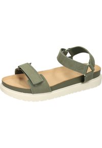Sandale en cuir vert olive avec une sangle ajustable, semelle intérieure rembourrée et semelle en caoutchouc blanche. Caractéristiques : fermeture Velcro et design minimaliste.