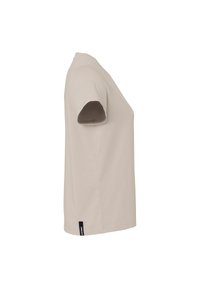 Beige kortærmet t-shirt med rund hals, lavet af blød bomuldsblanding. Har et lille mærke på nedre venstre side.