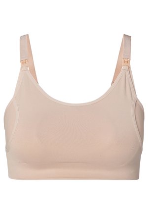 Licht beige draadloze bh van gladde stof. Voorzien van verstelbare bandjes en een naadloos ontwerp zonder beugel of extra padding.