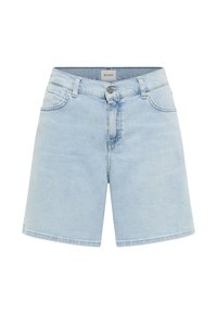 Shorts de mezclilla de color azul claro con corte recto, cinco bolsillos y cierre frontal con botón. Textura desgastada y costuras contrastantes en los bordes.