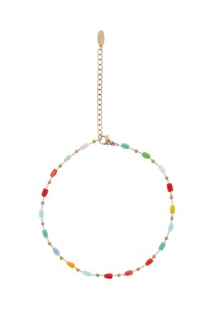 Zierliches Armband mit goldenen Gliederketten und kleinen, bunten rechteckigen Perlen in Rot, Grün, Gelb, Blau und Weiß, mit einem Karabinerverschluss.