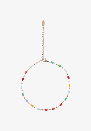 Delikatna bransoletka z złotymi ogniwami łańcuszka i małymi, kolorowymi prostokątnymi koralikami w kolorach czerwonym, zielonym, żółtym, niebieskim i białym, z zapięciem typu karabińczyk.
