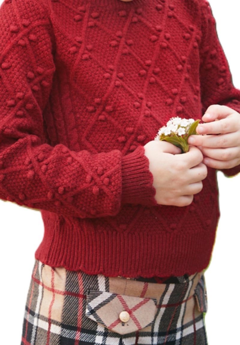 Personne portant un pull rouge texturé et une jupe à carreaux tenant de petites fleurs blanches dans les deux mains au niveau de la taille.