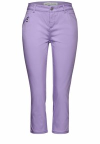 Levandulové elastické kalhoty s úzkým střihem, vybavené pasem na knoflík, kapsou na zip a hladkým povrchem. Zkrácená délka s rovnými nohavicemi.