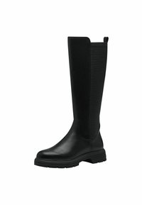 Black knee-high boots featuring a smooth leather exterior and textured mesh panel. Sturdy rubber sole and rear pull tab for easy wear.