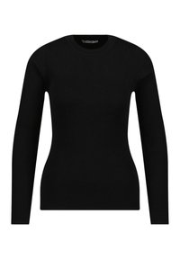 Svart långärmad ribbad stickad tröja med rund halsringning, åtsittande midja och en slät yta.