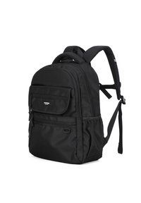 Zaino nero realizzato in nylon resistente, dotato di numerose tasche con zip, spallacci regolabili, manico superiore e una finitura testurizzata.
