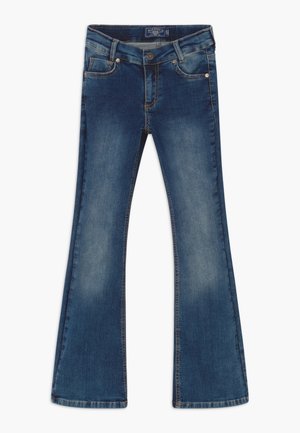 Denim flared jeans i mørkeblå, med en falmet vask, fem lommer og knaplukning. Lige ben, der bliver bredere ved kanten.