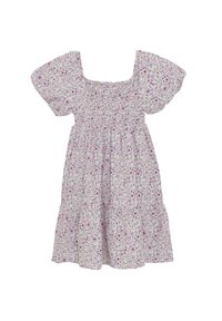 Blommönstrad klänning med korta puffärmar, fyrkantig halsringning, smockad överdel och lagerkjol i vita, lila och blå färger.