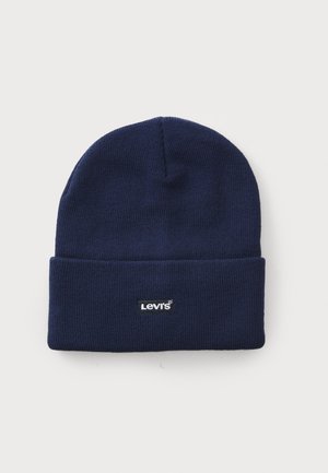 Bonnet en tricot bleu marine avec un revers et un petit patch rectangulaire du logo Levi's centré à l'avant.
