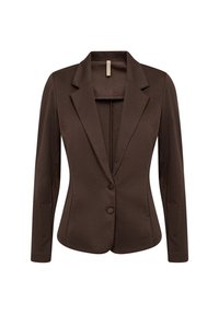 Dark brown fitted blazer with long sleeves, notched lapels, and two front fabric-covered buttons.