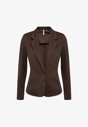 Dunkelbrauner, taillierter Blazer mit langen Ärmeln, mit Schalkragen und zwei vorderen, mit Stoff bezogenen Knöpfen.