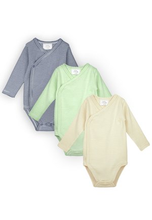 Tre body per neonati a manica lunga a righe in blu navy, verde chiaro e beige, con chiusure a scatto laterali e pannelli frontali sovrapposti.