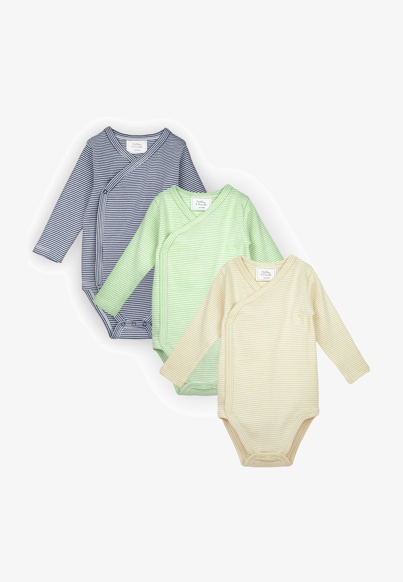 Tre body per neonati a manica lunga a righe in blu navy, verde chiaro e beige, con chiusure a scatto laterali e pannelli frontali sovrapposti.
