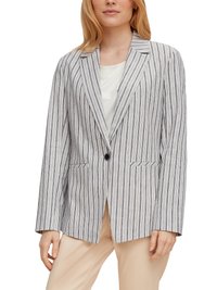 Striped blazer in light gray and white, featuring a notched collar, two front pockets, and a single button closure. Smooth fabric texture.